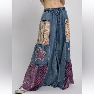 NWT! Side Tiered Star Patchwork Wide Flare Pants Patchwork Denim Pants